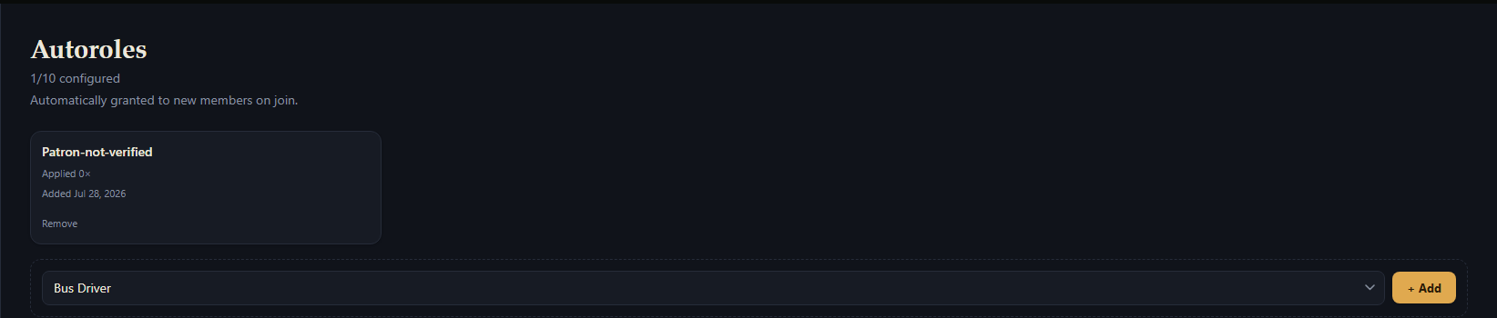 The Autoroles page in the Dashboard, showing a configured role count, one role's card, and the add-role dropdown.