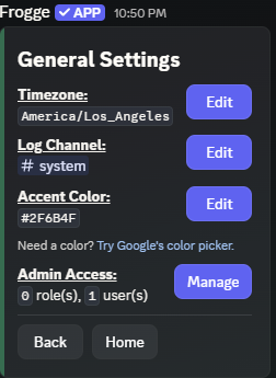 The General Settings screen in Discord, showing Timezone, Log Channel, Accent Color, and Admin Access fields.