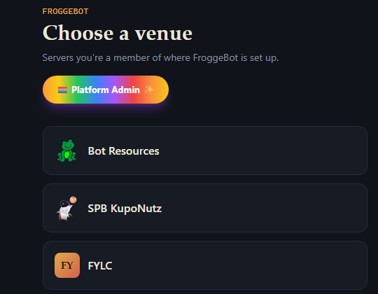 The venue picker in the Dashboard, listing three servers to choose from.