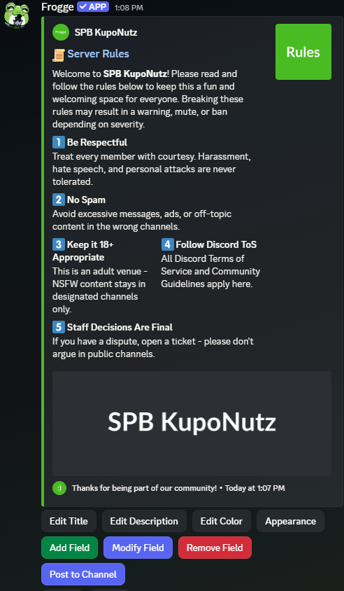 An embed's detail screen in Discord, showing a live preview of the real embed with Edit Title, Edit Description, Edit Color, Appearance, Add/Modify/Remove Field, and Post to Channel buttons underneath.