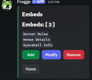 The Embeds home screen in Discord, listing three embeds with Add, Modify, Remove, and Home buttons.