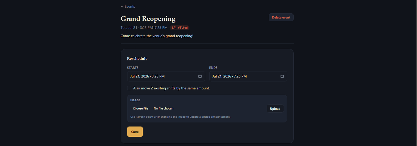 An event's page in the Dashboard, showing its Reschedule form and Image upload section.