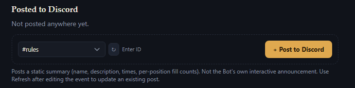 The Posted to Discord section on an event's Dashboard page, with a channel picker and a Post to Discord button.