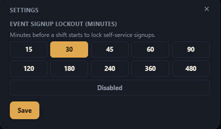 The Settings popover on the Events list page in the Dashboard, showing the Event Signup Lockout preset grid.