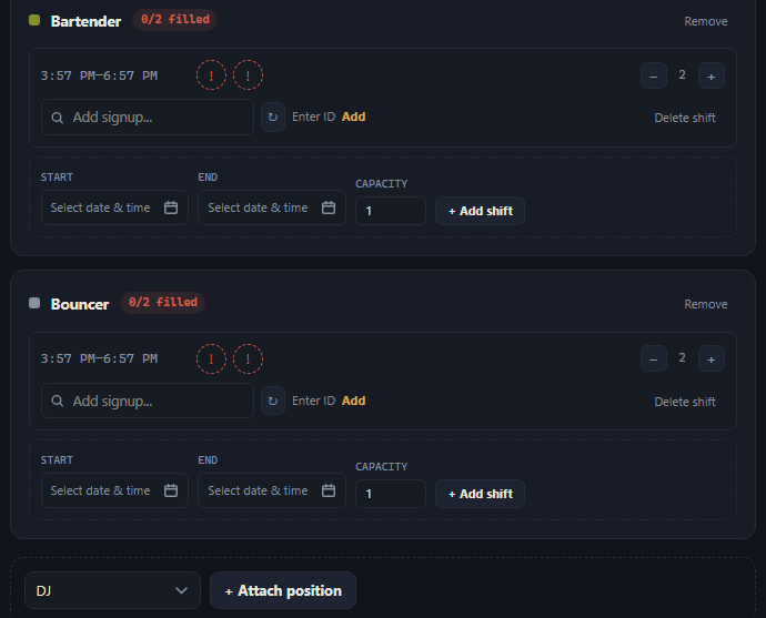 Two positions on an event's Dashboard page, each with a shift row and an Add shift form.