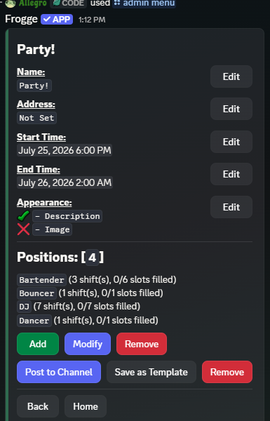 An event's detail screen in Discord, showing Name, Address, Start Time, End Time, Appearance, and its list of Positions.