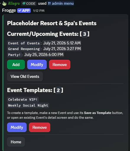 The Manage Events home screen in Discord, listing upcoming events and event templates with Add, Modify, and Remove buttons.