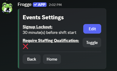 The Events Settings screen in Discord, showing Signup Lockout with an Edit button and Require Staffing Qualification with a Toggle button.