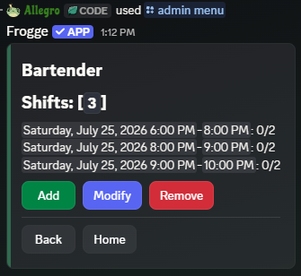 A position's shift list in Discord, showing three shifts with their times and fill counts.
