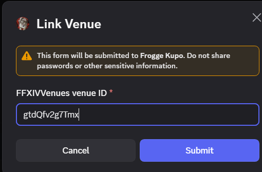 The Link Venue modal in Discord, with a venue ID pasted into the FFXIVVenues venue ID field.