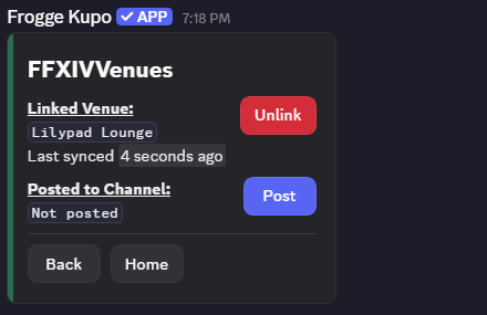 The FFXIVVenues Settings screen in Discord after linking, showing the linked venue name, last synced time, Unlink button, and a Post button.