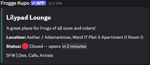 The same posted venue status card later, with Status now showing Closed, opens in a given time.