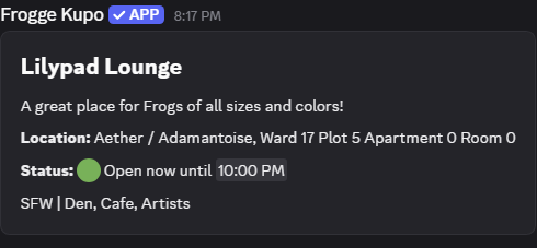 A posted venue status card in Discord, showing the venue's name, description, location, and Status: Open now until a given time.