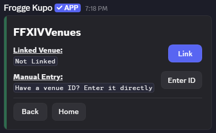 The FFXIVVenues Settings screen in Discord before linking, showing Link and Enter ID buttons.