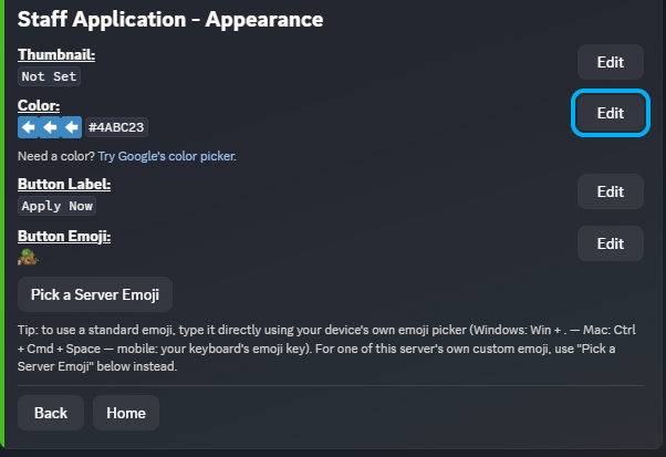 The Appearance sub-screen for a form in Discord, showing Thumbnail, Color, Button Label, and Button Emoji fields each with their own Edit button.