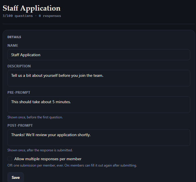 A form's page in the Dashboard, showing its Details card (Name, Description, Pre-Prompt, Post-Prompt, Allow Multiple Responses).