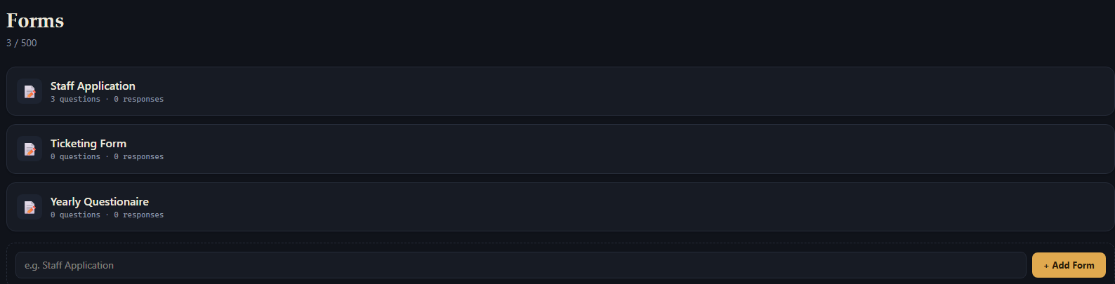 The Forms list page in the Dashboard, listing three forms with their question/response counts and a New Form field.
