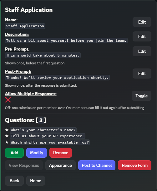 A form's detail screen in Discord, showing Name, Description, Pre-Prompt, Post-Prompt, Allow Multiple Responses, and its list of Questions.