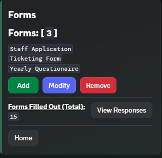 The Forms home screen in Discord, listing three forms with Add, Modify, Remove, and a Forms Filled Out total with a View Responses button.
