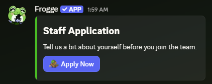 A posted form message in Discord, showing the form's name, description, and an Apply Now button.