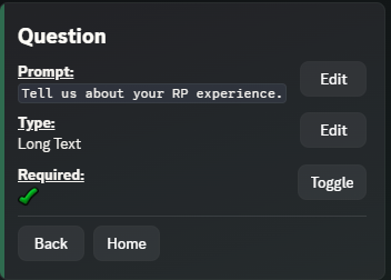 A question's detail screen in Discord, showing Prompt, Type, and Required fields with Edit/Toggle buttons.