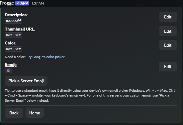 The Appearance sub-screen for a giveaway in Discord, showing Description, Thumbnail URL, Color, and Emoji fields each with their own Edit button.