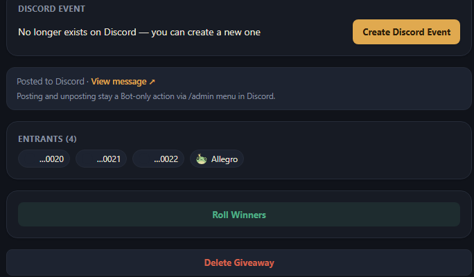 The Discord Event, Posted to Discord, Entrants, and Roll Winners/Delete Giveaway sections on a giveaway's Dashboard page.