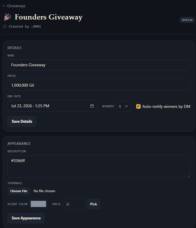 A giveaway's page in the Dashboard, showing its Details and Appearance forms.