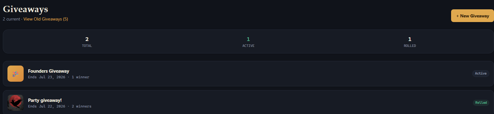 The Giveaways list page in the Dashboard, showing total/active/rolled counts and two giveaway rows.