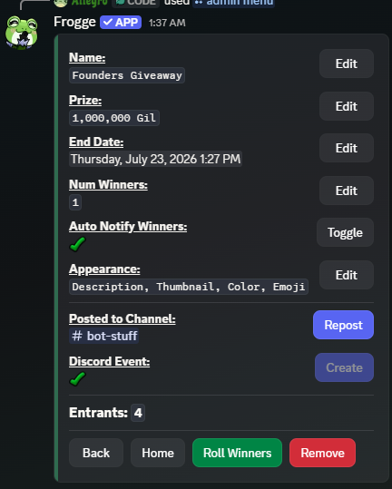 A giveaway's detail screen in Discord, showing Name, Prize, End Date, Num Winners, Auto Notify Winners, Appearance, Posted to Channel, Discord Event, and Entrants.