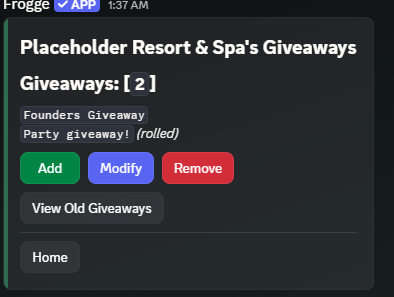 The Giveaways home screen in Discord, listing two giveaways with Add, Modify, Remove, and a View Old Giveaways button.