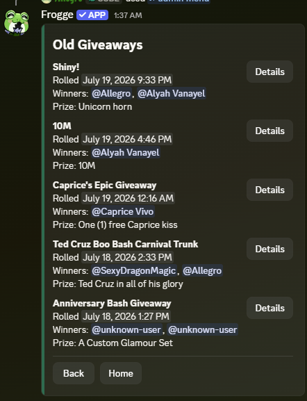 The View Old Giveaways screen in Discord, listing five past giveaways with their roll date, winners, and prize, each with a Details button.