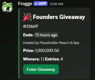 A posted giveaway message in Discord, showing its name, description, end date, host, prize, winner/entry counts, and an Enter Giveaway button.