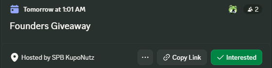 A giveaway's linked Discord Scheduled Event, showing its name, start time, host, and Interested count.