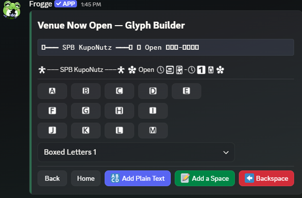 The Glyph Builder screen in Discord, showing the raw string, a Discord-rendered preview, the Boxed Letters 1 symbol grid, and Add Plain Text/Add a Space/Backspace buttons.