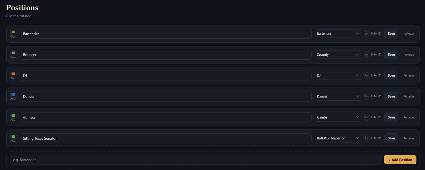The Positions page in the Dashboard, listing six positions each with a color swatch, name, role dropdown, and Save/Remove actions.