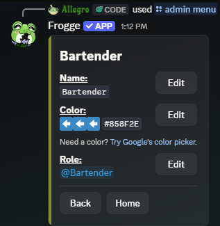 A position's detail screen in Discord, showing Name, Color, and Role fields each with their own Edit button.