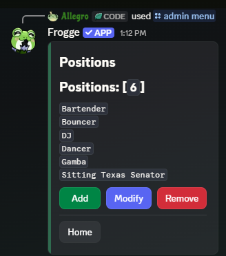 The Positions screen in Discord, listing six positions with Add, Modify, Remove, and Home buttons.