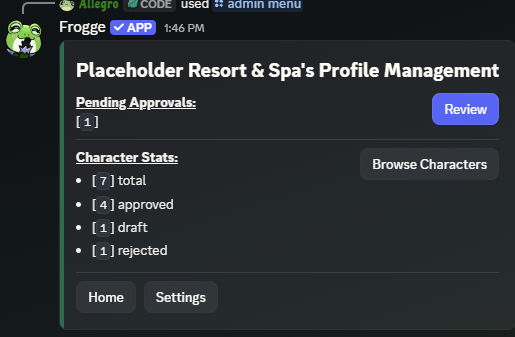 The Profiles admin home screen in Discord, showing Pending Approvals, Character Stats, Review, Browse Characters, Home, and Settings.