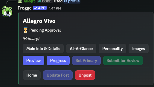 A character's detail screen in Discord, showing its status, section buttons (Main Info & Details, At-A-Glance, Personality, Images), and Preview/Progress/Set Primary/Submit for Review/Post actions.