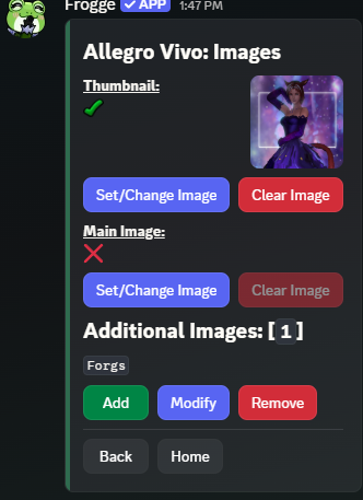 The Images sub-screen for a character in Discord, showing a Thumbnail preview, Main Image status, and Additional Images with Set/Change/Clear/Add/Modify/Remove buttons.