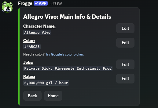 The Main Info & Details sub-screen for a character in Discord, showing Character Name, Color, Jobs, and Rates fields each with their own Edit button.