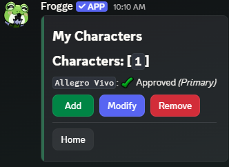 My Characters in Discord, listing one character with its approval status and Add/Modify/Remove buttons.