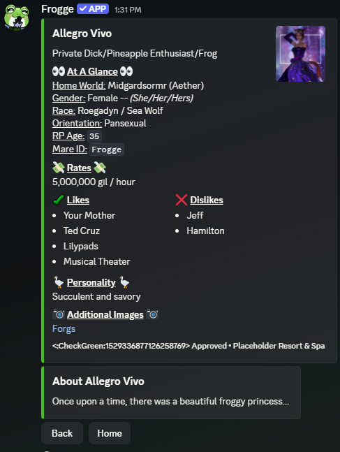 A character's Preview in Discord, showing the rendered main embed and a separate About embed.