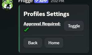 The Profiles Settings screen in Discord, showing Approval Required with a Toggle button.