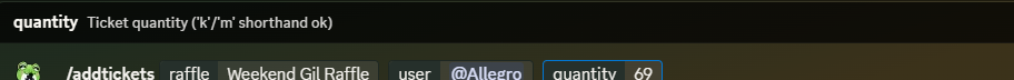 The /addtickets command in Discord, showing raffle/user/quantity arguments filled in and a tooltip noting k/m shorthand is accepted.