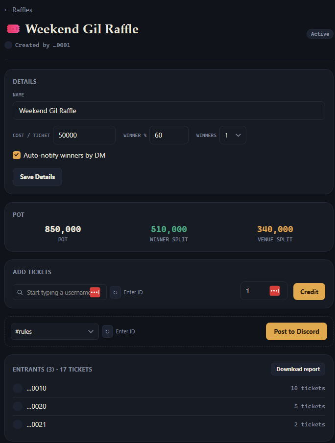 A raffle's page in the Dashboard, showing its Details, Pot, Add Tickets, posting, and Entrants sections.
