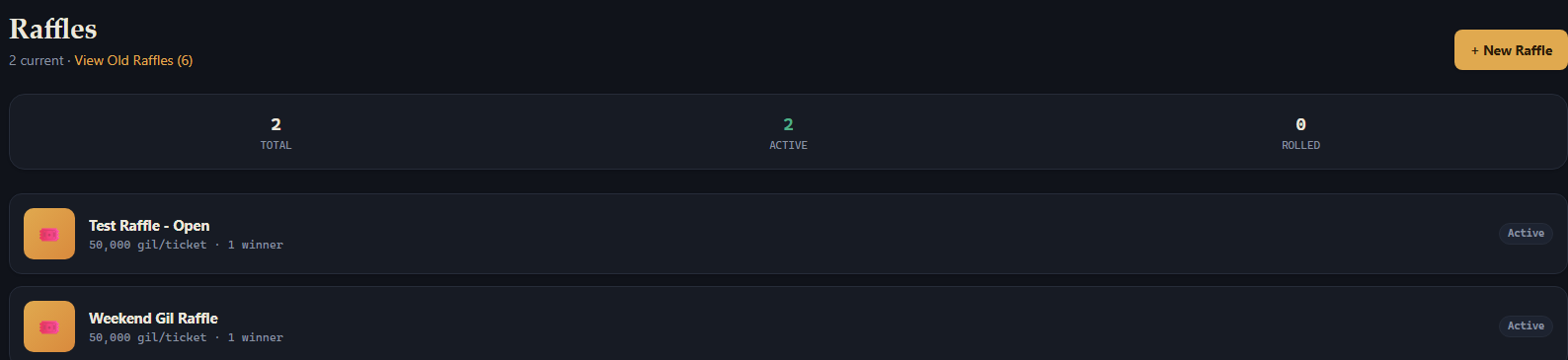 The Raffles list page in the Dashboard, showing total/active/rolled counts and two raffle rows.