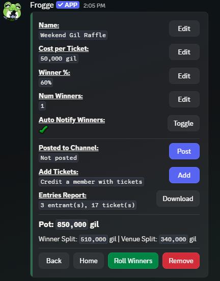 A raffle's detail screen in Discord, showing Name, Cost per Ticket, Winner %, Num Winners, Auto Notify Winners, Posted to Channel, Add Tickets, Entries Report, and the Pot split.