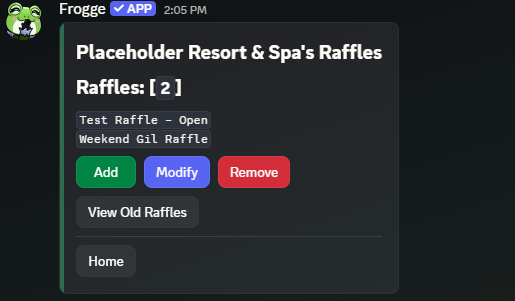 The Raffles home screen in Discord, listing two raffles with Add, Modify, Remove, and a View Old Raffles button.